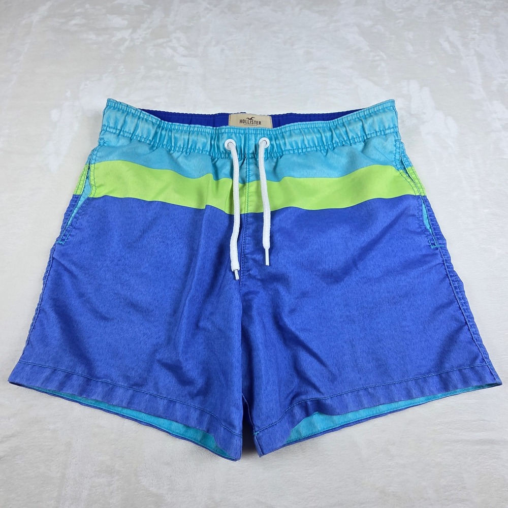 Hollister Swim Trunks Mens Medium Blue Teal Green Colorblock Mesh Lined Retro